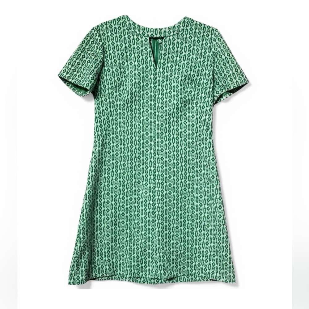 Vintage 70s Handmade Geometric Print Mini Dress Green White Keyhole Boho Medium
